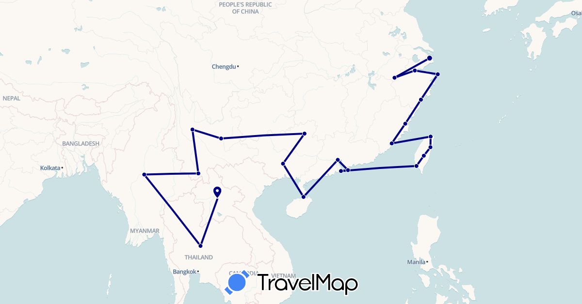 TravelMap itinerary: driving in China, Laos, Myanmar (Burma), Macau, Thailand, Taiwan (Asia)